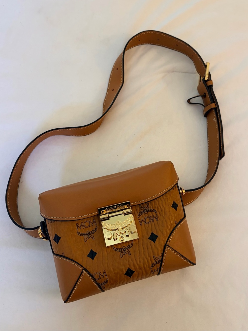 MCM Cognac/Gold Visetos Leather Crossbody Belt Bag